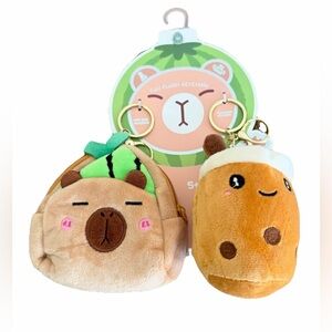 Set of 2 Plush Capybara and Bear Bubble tea Keychain Set - Brown